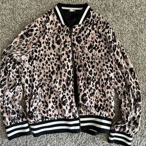 Pink Leopard Print Bomber Jacket with Contrast Trim